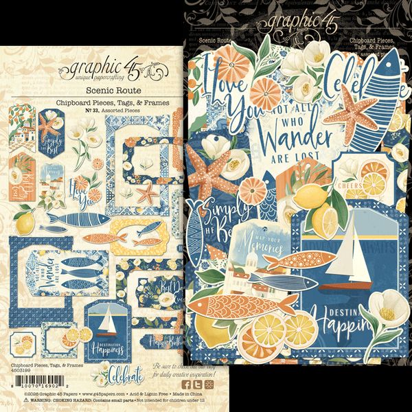 Graphic 45 Scenic Route Chipboard Pieces, Tags & Frames