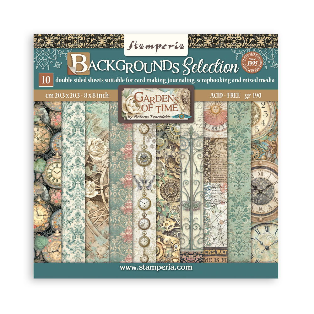 Stamperia Gardens of Time Backgrounds 8x8 Double-Sided Paper Pad, 10 sheets/pkg.